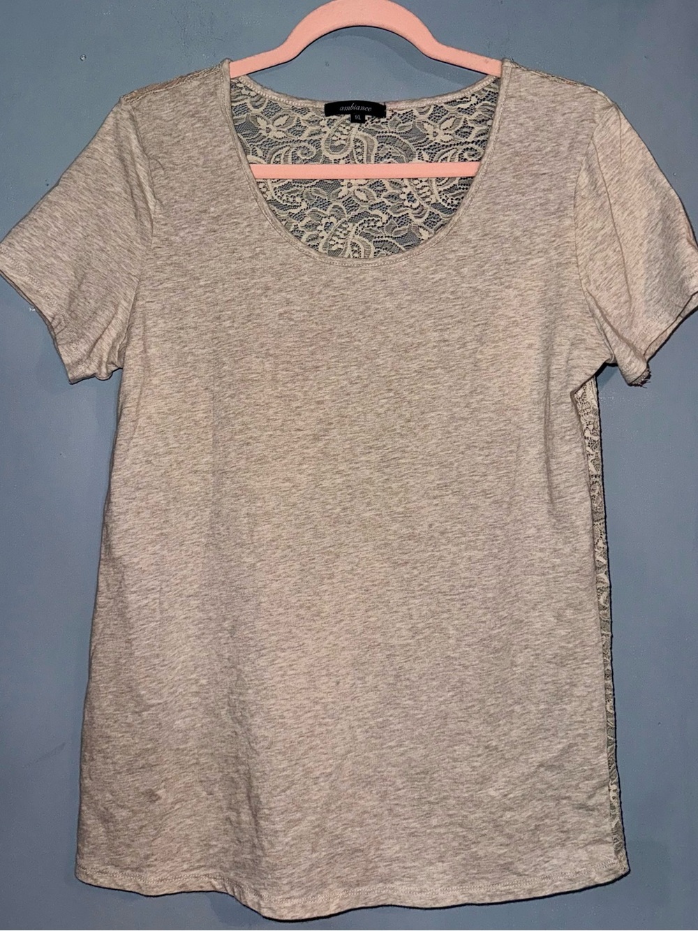 Ambiance Gray Lace Back Short Sleeve Top XL